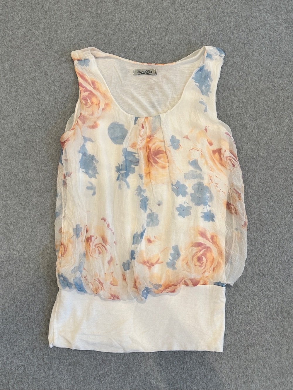 Elena Baldi Silk Floral Chiffon Overlay top - Blue & Peach